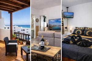 a bedroom and a living room with a couch and a table at Apartamento Alba Lanzarote in Puerto del Carmen