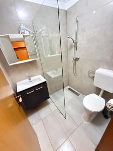 a bathroom with a shower and a toilet and a sink at Pension Günther self Check-in free parking in Graz