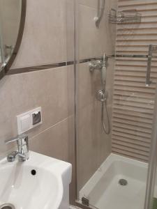 a bathroom with a shower and a sink and a toilet at Pokój 2-osobowy in Węgorzewo +8 photos