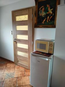a microwave on top of a refrigerator in a kitchen at Pokój 2-osobowy in Węgorzewo
