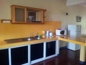 una cucina con bancone, lavandino e forno a microonde di Kammal Villa a Flic-en-Flac 1 altra foto