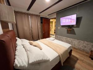 a bedroom with a bed with a tv on the wall at Hospedaje in Salento