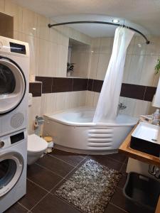 a bathroom with a tub and a toilet and a washing machine at Zum Feriennest in Ochtendung