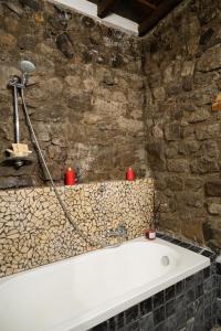 a bath tub in a room with a stone wall at Golden House in Bracciano +11 photos