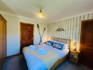 a bedroom with a large bed with blue pillows at Braehead Cottage in Glencoe