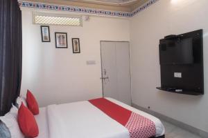a bedroom with a bed with red pillows and a tv at Hotel Amrapali UDAIPUR BEST GORUP BOOKING HOTEL NEAR CA CIRCLE in Udaipur