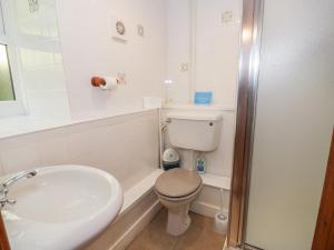 a white bathroom with a toilet and a sink at Ysgoldy in Dolwyddelan +24 photos