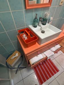 a bathroom sink with an orange tray on top of it at Résidences Les Murots 1 in Saint-André-les-Vergers +26 photos