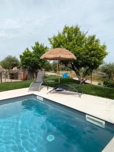 a swimming pool with a chair and an umbrella at Tapada das Carvalhas in Castelo Branco