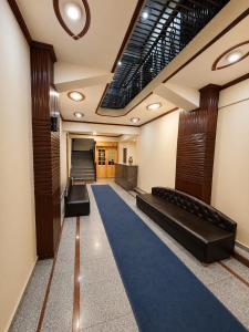 a hallway with a blue carpet in a building at Hotel Samar in Srinagar