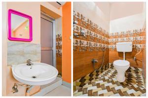 two pictures of a bathroom with a sink and a toilet at Hotel O Dakshin Dwar Formerly Radha Krishna Niwas in Puri