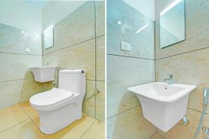 two pictures of a bathroom with a toilet and a sink at Super Collection O Kureepuzha Kollam in Kollam
