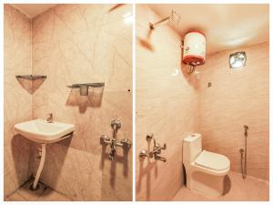 two pictures of a bathroom with a toilet and a sink at Super Collection O Bommarilu Warangal in Warangal