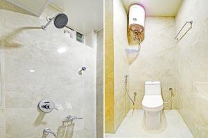 two pictures of a bathroom with a toilet and a shower at Super Townhouse Oak Kompally in Hyderabad +26 photos