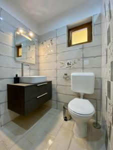 a bathroom with a toilet and a sink and a mirror at Tündi Vendégház in Balatonlelle +28 photos
