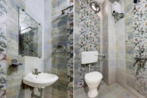 two pictures of a bathroom with a toilet and a sink at OYO Hotel O Benz Circle Vijayawada in Vijayawāda