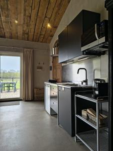 a kitchen with stainless steel appliances and a large window at Studio Rent Jamzes in Hoogerheide