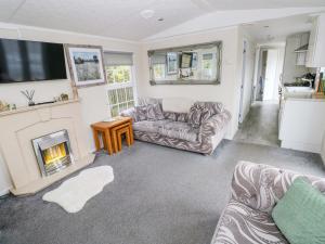 a living room with a couch and a fireplace at Meadows Farm Lodge in Swansea