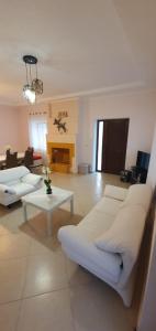 a living room with white furniture and a fireplace at Sofia villa in Elaiokhórion