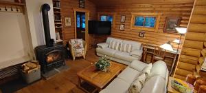 a living room with a couch and a stove at Das Heide Blockhaus in Handeloh