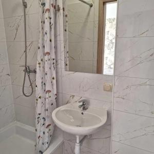 a white bathroom with a sink and a shower curtain at Hostel Włocławek in Włocławek +7 photos