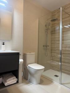 a bathroom with a toilet and a shower at Apartamentos Salceda in Noja +41 photos