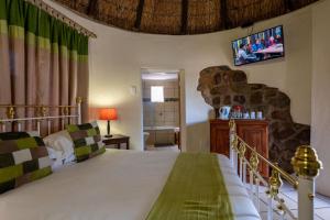 a bedroom with a bed and a tv on the wall at Van Zylsvlei - A Karoo Guest Farm in Colesberg