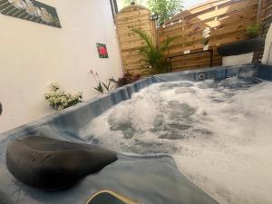 a jacuzzi tub with water in it next to a building at Le Cataleya - Résidence Terre et Truffes in Le Lamentin