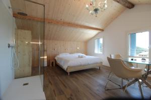 a bedroom with a bed and a glass shower at Villa Valdobbiadene Pool Spa in Valdobbiadene