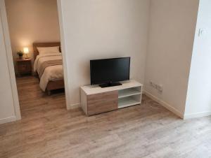 a room with a television on a table with a bed at T2 TARBES Centre Ville in Tarbes