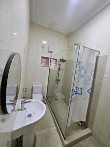 a bathroom with a shower and a sink and a mirror at The Nest in Aso