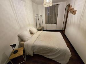 a bedroom with a bed and a lamp and a window at Bohéme Chic in Saint-Dizier +1 photo