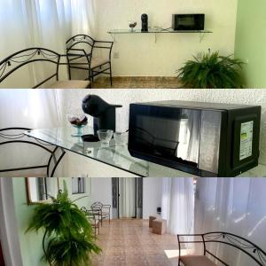a collage of two pictures of a living room with a microwave at Casa Freitas - Suíte 2 in Extrema