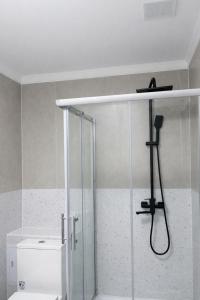 a shower in a bathroom with a glass door at Skala Hostel in Almaty +36 photos
