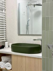 a bathroom with a green sink on a counter at Central View Apartment in Timişoara +6 photos