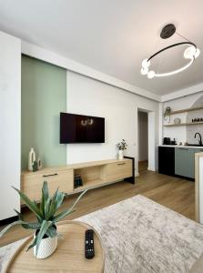 a living room with a flat screen tv on a wall at Central View Apartment in Timişoara