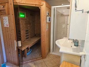 a small bathroom with a shower and a sink at Ferienhäuser Harmonie I & II in Burg Kauper