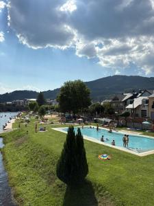 a group of people swimming in a swimming pool at Casa Rural Picón con jardín y piscina privada in Ocero