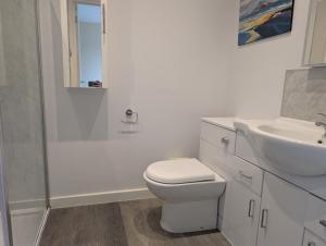 a white bathroom with a toilet and a sink at Coastguard cafe room 2 in Hastings