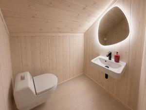 a bathroom with a toilet and a sink and a mirror at Chalet Glåpen in Moskenes +33 photos