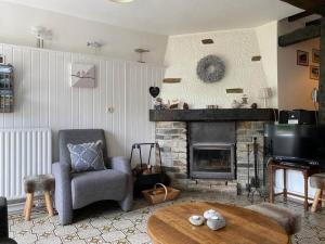 a living room with a couch and a fireplace at Gîte la Passerelle à Mouzaive in Vresse-sur-Semois