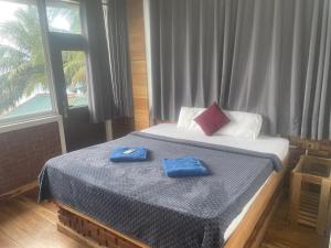 a bedroom with a bed with two blue pillows on it at D & D Beach Resort in Trincomalee