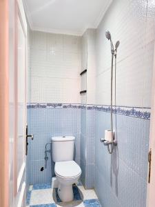 a bathroom with a toilet and a shower at Tiri Hub in Tamraght Ouzdar