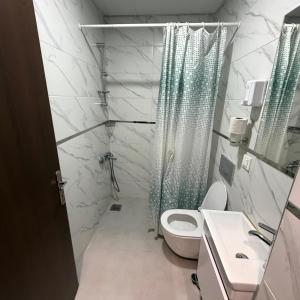 a bathroom with a shower and a toilet and a sink at İtil Deluxe Eskişehir in Eskisehir +31 photos
