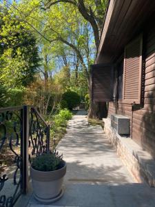 a walkway next to a house with a plant at Romantic bungalow in Balatonudvari