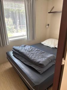 a bed in a small room with a window at Domaine des Iscles mobile home clim, jardinet sans vis-à-vis in La Roque-dʼAnthéron
