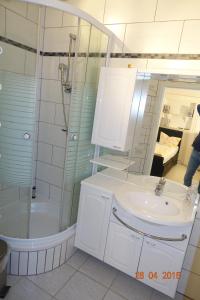 a bathroom with a sink and a shower and a toilet at Heidehof Auenland in Wietzendorf +7 photos