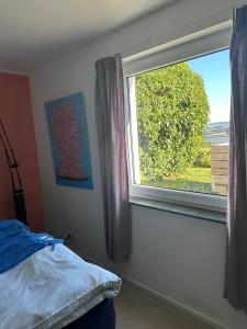 a bedroom with a window with a view of a tree at HeartArt in Bad Münstereifel