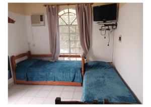 a bedroom with a bed and a window and a tv at Cabaña 4B Azahares del Ayui in Concordia