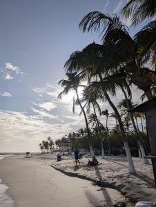 a man standing on a beach with palm trees at Casa Brisa Marina El Yaque in El Yaque